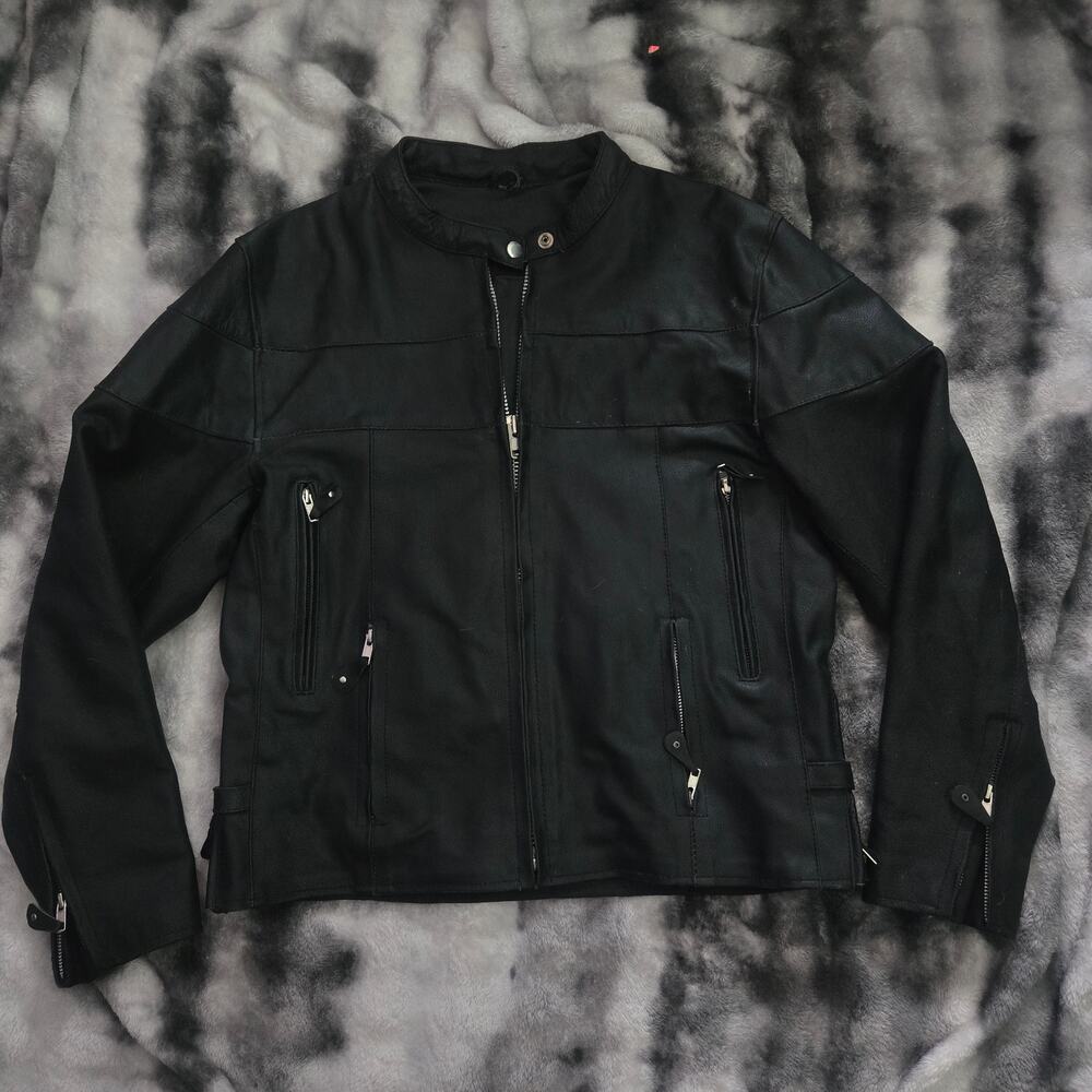 Wild Wear Black Leather Motorcycle Jacket Men’s Large Heavy‑Duty Biker Gear